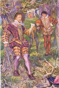 Leicester lê a carta de Amys, ilustração de Kenilworth, c.1910 de Henry Justice Ford