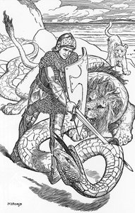 Percival fightint the serpent Illustration de HJ Ford (1860-1940) de "The book of romance" 1902 Colecção privada de Henry Justice Ford
