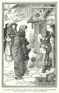 Santa Isabel e os seus filhos, expulsos do castelo, são acolhidos por um pobre estalajadeiro (litho) de Henry Justice Ford