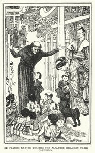 São Francisco Xavier ensina às crianças japonesas o seu catecismo (litho) de Henry Justice Ford