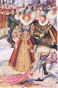Walter Raleigh sacrifica sua capa para a rainha Elizabeth, ilustração de Kenilworth, c.1910 de Henry Justice Ford