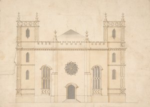 Fachada de uma Igreja do Avivamento Gótico, 1745-76. de Henry Keene.