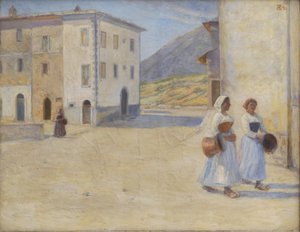 Meninas a caminho do poço para água ao meio-dia. Civita d