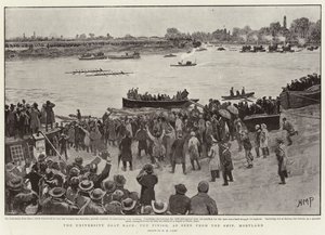 A corrida de barcos da universidade, o acabamento, visto do navio, Mortlake