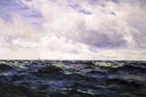 Paisagem marítima, com um sinal de barco à esquerda e um navio de pesca representado a meio de uma corrida à direita, ambos representados a uma grande distância. de Henry Moore