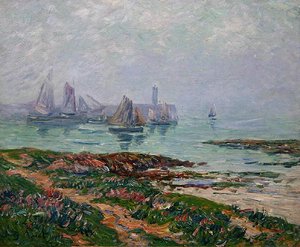 Cenário costeiro com barcos de pesca de Henry Moret