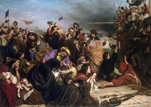 Despedida de imigrantes, numa doca do Tamisa (Inglaterra), descrição de grupos de pessoas de todas as idades e classes sociais, bem como dos marinheiros com camisas vermelhas e azuis no barco acenando à multidão de Henry Nelson O
