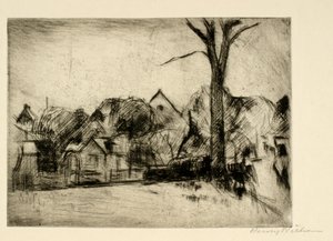 Paisagem com árvore alta e casas de Henry Nielsen