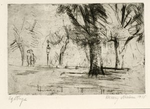 Parque com dois caminhantes e lâmpada de Henry Nielsen