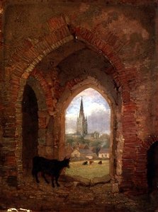 Vista através do arco da Torre da Vaca, Norwich (óleo sobre painel) de Henry Ninham