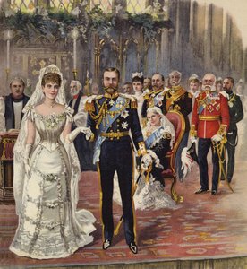 O casamento do Duque da Cornualha e York com a Princesa Maria, Capela Real, Palácio de St. James, Londres, 6 de julho de 1893 (cromolito) de Henry Payne
