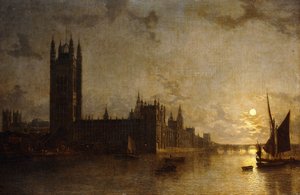 Abadia de Westminster, As Casas do Parlamento com a Construção da Ponte de Westminster, 1859 de Henry Pether