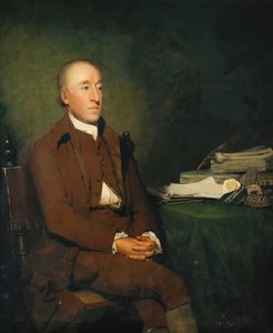 Retrato do Dr. James Hutton, comprimento de três quartos sentado em uma jaqueta marrom, calça e calções brancos, uma pilha de espécimes geológicos sobre a mesa ao lado dele, de Henry Raeburn