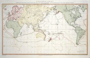 Uma carta geral que mostra as descobertas feitas pelo capitão James Cook nesta e nas duas viagens anteriores, com os rastos dos navios sob o seu comando. Pelo Tenente Roberts da Marinha de Sua Majestade