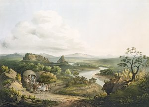 Uma vista perto da passagem da areia de Roode no cabo da boa esperança, gravada por J. Bluck (fl.1791-1831) 1809 (aquatint)