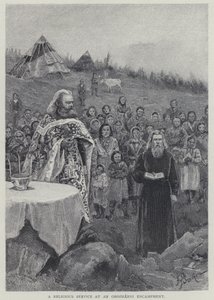 Um serviço religioso em um acampamento de Orozhanni (litho) de Henry Sandham