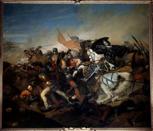 Vista da Batalha de Kassel em 23/08/1328, vitória de Filipe VI de Valois sobre o exército flamengo Pintura de Henry Scheffer (1798-1862) 1837 Sol. 4,65x5,43 m versailles, museu do castelo