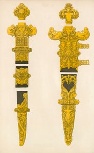 As porções ornamentais de uma adaga e espada, projetada por Holbein, início do século XVI