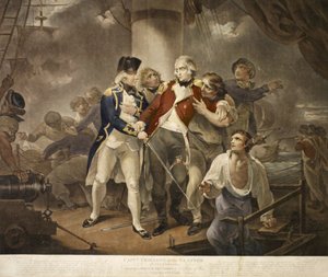 Capitão Trollope no Glatton de 54 Carronades Envolvendo um esquadrão francês de 8 navios de guerra carregando 230 armas, gravadas por James Daniell, 1797 (mezzotint) de Henry Singleton