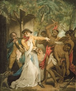 A família assentada atacada por selvagens, gravada por George Keating (1762-1842) (aquatint)