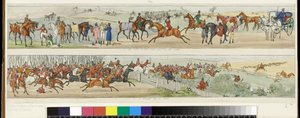 9. Minha alma está em chamas e ansiosa pelo campo! 10. Uma luta para começar. Uma viagem de caça a Melton Mowbray, 1822 de Henry Thomas Alken