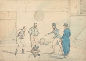 Uma luta de galos observada por quatro homens num anexo: A luta, gravada como estampa 39 em "The National Sports of Great Britain"