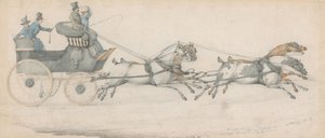 Um cavalheiro conduz uma parelha de quatro diante de um faetonte postal, acompanhado por três moços de estrebaria de Henry Thomas Alken
