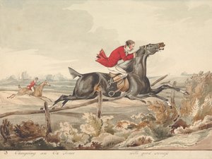 «Cavalos qualificados e cavaleiros não qualificados: transpor com sucesso uma vedação para bois» de Henry Thomas Alken