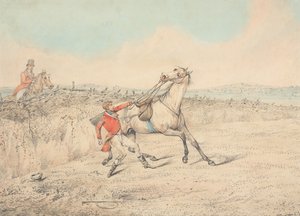 Cavaleiro agarrado a um cavalo cinzento após uma queda de Henry Thomas Alken