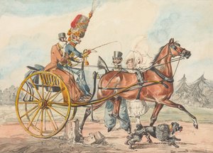 «Descobertas desportivas, ou as misérias de conduzir ...» Descobre que deixou passar despercebido um pequeno poste do lado da mão que segura o chicote de Henry Thomas Alken