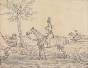 «Ideias desportivas:» «Não achas que esta é a melhor maneira de atravessar um ribeiro? E penso, pelo aspecto do sujeito, que nunca teve nada tão bonito no seu coisinho antes.» de Henry Thomas Alken