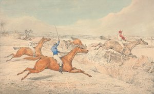 Corrida de obstáculos: quatro cavaleiros a saltar uma vala e um oxer de Henry Thomas Alken