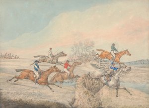 Corrida de obstáculos: o pelotão transpõe um muro de pedra e um portão de Henry Thomas Alken