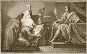 Doomsday Book apresentado a William I, gravado por J. Fittler, ilustração de David Hume "The History of England", pub. por R. Bowyer, Londres, 1812