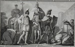 Henry e Lewis conduzindo o papa ao castelo de Torci, gravado por Saunders, ilustração da "História da Inglaterra" de David Hume, pub. por R. Bowyer, Londres, 1812 de Henry Tresham
