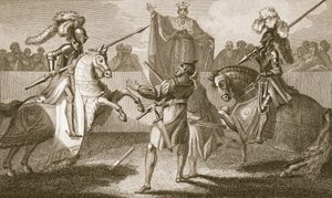 Richard II suspendendo o duelo entre Hereford e Norfolk, ilustração de "The History of England", de David Hume, pub. por R. Bowyer, Londres, 1812