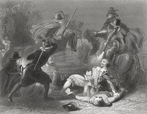 O assassinato de Lord Kilwarden pelos rebeldes de Robert Emmet em Dublin, Irlanda, em 1803, de "The History of Ireland", de Thomas Wright, publicado em c.1854