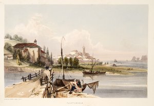 Fontarabia, com o convento e Ponte de Capauchinos, de Esboços de paisagem nas províncias bascas de Espanha, com uma seleção de música nacional, Bar. 1838 (gravura colorida à mão)