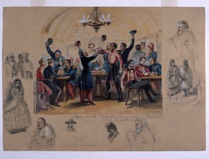 Cena no Café du Commerce Valetta, "Morrendo pela Pátria", Malta, 1854 (wc e lápis sobre papel) de Henry Wilkinson
