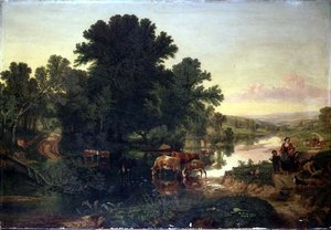 Paisagem arborizada do rio com rega de gado