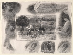 Paisagem com chalé e vacas, rodeado por vários esboços. de Henry Wolf