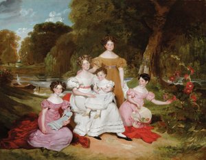 Retrato de grupo da família Ward Hunt numa paisagem diante de um rio