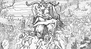 Representação de uma cena de sábado reunida por bruxas presididas por satanás dando origem a orgias (reunião de sábado) Desenho de Henry de Malvost de "Satanismo e magia" de Jules Bois 1895 Colecção privada Â de Henry de Malvost