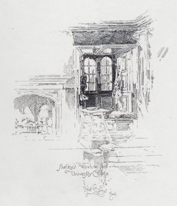 O poeta inglês Percy Bysshe Shelley na janela do University College, Oxford (litho) de Herbert (after) Railton