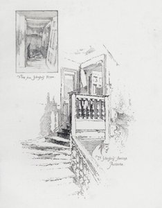 Quarto e escadaria do escritor inglês Samuel Johnson, Pembroke College, Oxford (litho) de Herbert (after) Railton