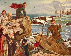 Os dinamarqueses navegando pelo canal inglês c.877. De História da Inglaterra de Cassell, publicado c.1901