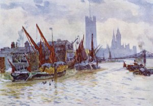 Barcaças Hay Barges ao largo do Horseferry em Westminster (cor litho)