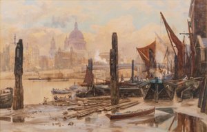 Barcaças do Tamisa atracadas; St Pauls e Blackfriars Bridge à distância de Herbert Menzies Marshall