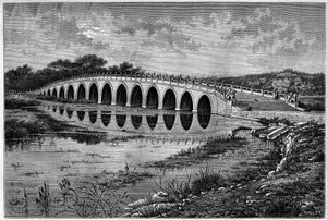 Ponte com 17 arcos no Lago Kunming, no Palácio Ete, perto de Pekin, no século XIX. Gravura depois de um desenho de Catenacci, depois de uma fotografia de Thomson, em "Le Tour du Monde, Nouveau journal des Voyages", editado por Edouard Charton, Paris. de Hercule (after) Catenacci