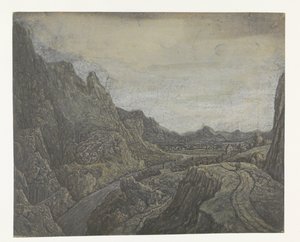 Paisagem rochosa com uma estrada e um rio de Hercules Segers